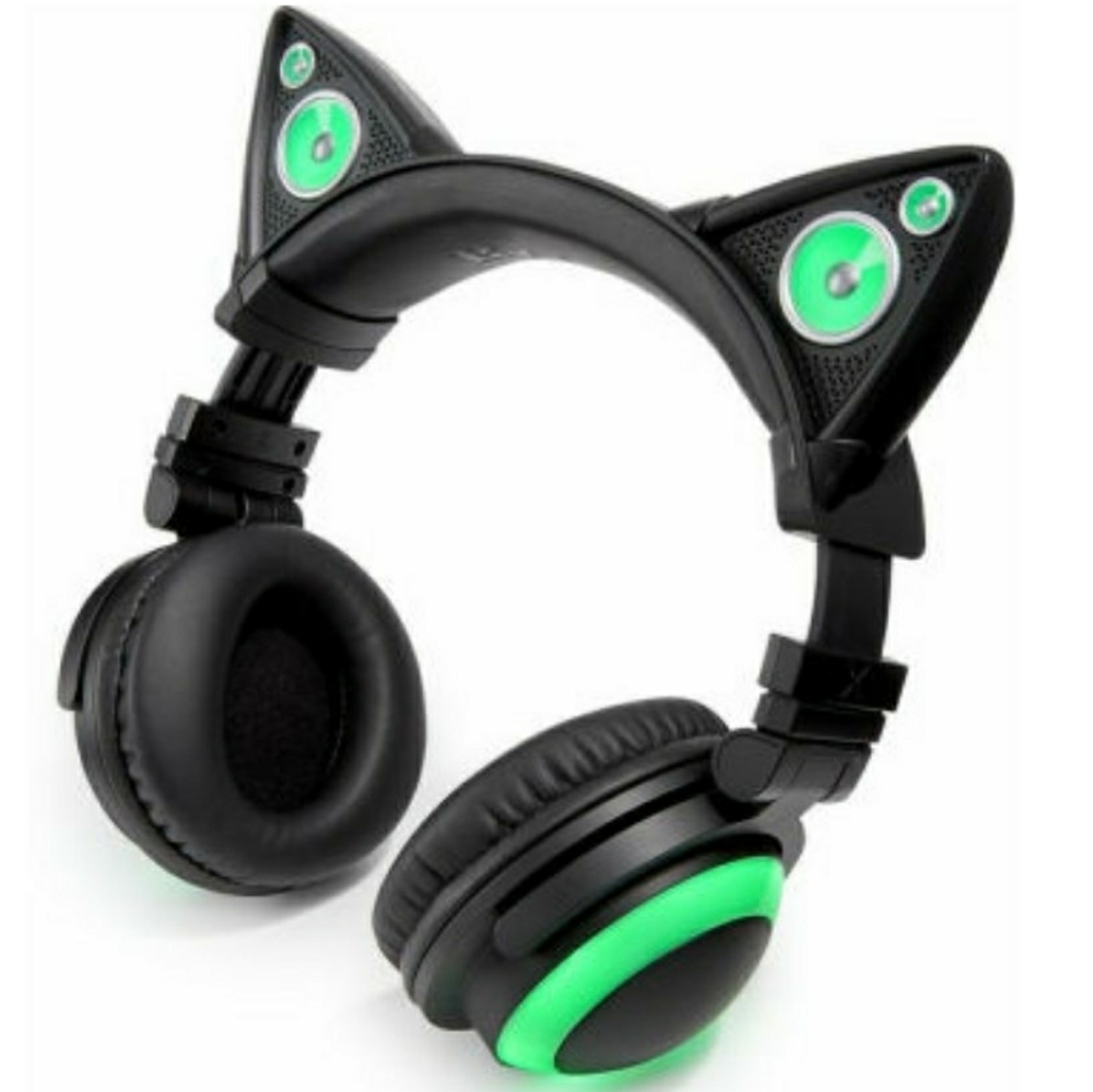 Brookstone Cat Ear Earphones Green Light Up Wired Kitty Kat Anime Kawaii